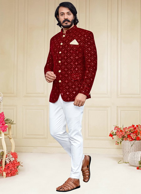 Maroon Colour Outluk Vol 92 New Designer Party Wear Velvet Jodhpuri Suit Collection 92003
